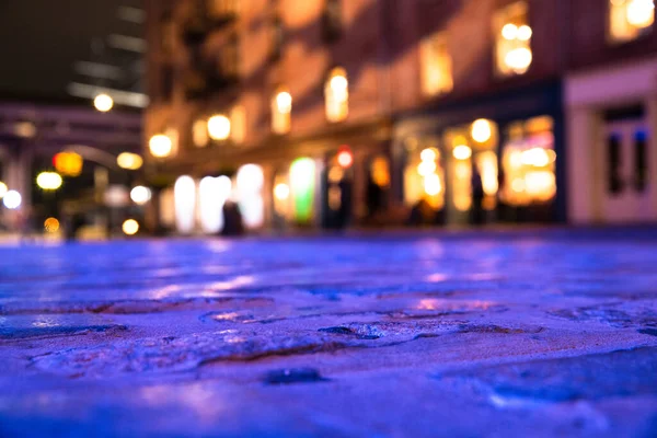 Imagen Borrosa Del Telón Fondo Calle Empedrada Luces Ciudad Nueva —  Fotos de Stock