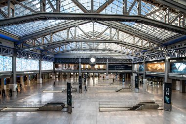 New York City, New York - January 23, 2021:  Interior view of the new Moyinhan Train Hall at Penn Station in Manhattan.