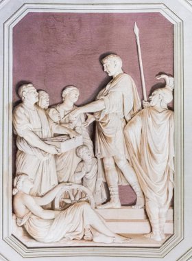 Roma, İtalya - Ekim 06, 2018: Galleria degli Arazzi, Vatikan Müzeleri 'nde ilüzyonist tavan freskleri