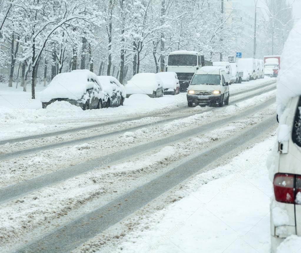 KIEV, UKRAINE - FEB 06: Snow storm created traffic collapse on february 06 2015 in Kiev, Ukraine . All logos, numbers, recognizable trademarks removed