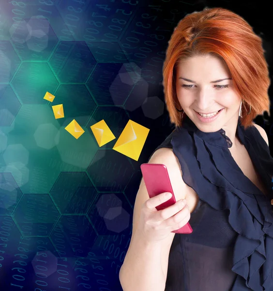 E-mail message.Happy Woman with phone — Stock Photo, Image