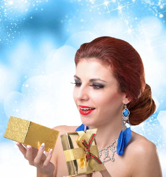Happy Woman with New Year Gift.Christmas — Stock Photo, Image