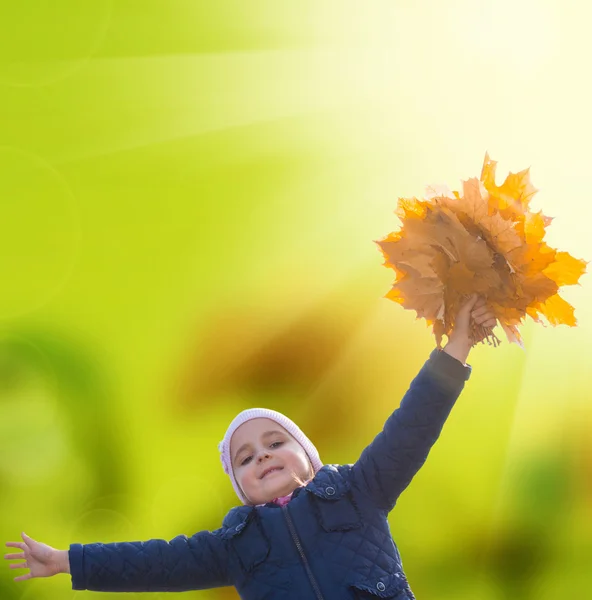 Happy Little Girl with bouquet autumn yellow dry leaves — Stock Photo, Image