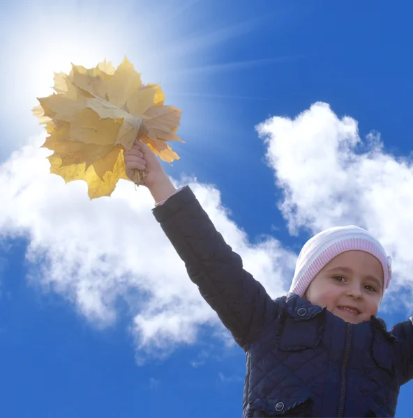 Glückliches kleines Mädchen mit einem Strauß herbstlicher gelber trockener Blätter — Stockfoto