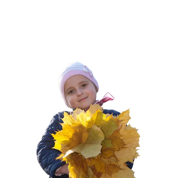 Glückliches kleines Mädchen mit einem Strauß herbstlicher gelber trockener Blätter — Stockfoto