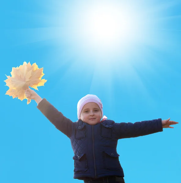 Happy Little Girl with bouquet autumn yellow dry leaves — Stock Photo, Image