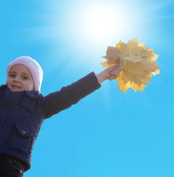 Küçük kızla mutlu buket sonbahar sarı kuru yaprakları. Altın sonbahar konsepti — Stok fotoğraf