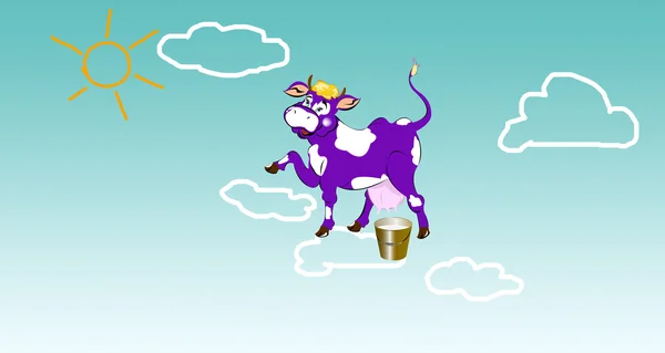 Happy purple dairy cow on clouds.Sticker milk fresh products — Stock Photo, Image