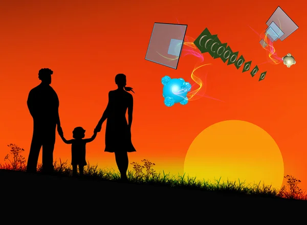 Happy Family sur fond de coucher de soleil rouge et technologies cosmiques — Photo