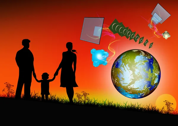 Glückliche Familie vor rotem Sonnenuntergang und kosmischen Technologien — Stockfoto