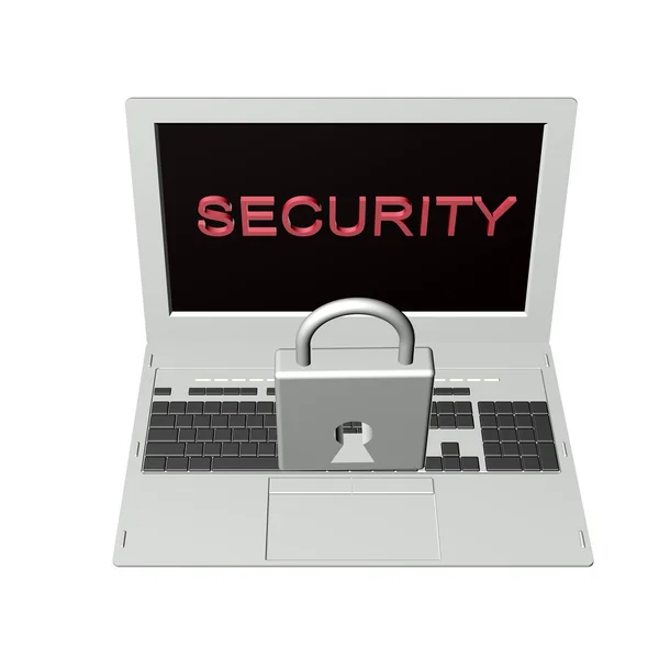 Modello moderno Laptop su sfondo bianco.Sicurezza dei computer in ufficio.Modello 3D — Foto Stock