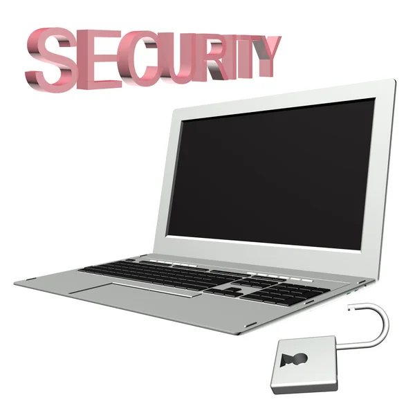 Modern model laptop and open lock.Security work in office  on  computer.3D model — Stock Photo, Image