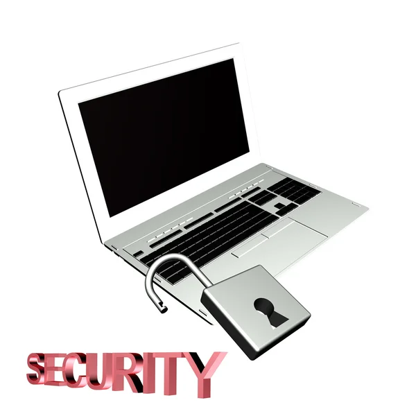 Modern model laptop and open lock.Security work in office  on  computer.3D model — Stock Photo, Image