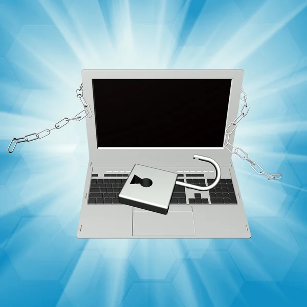 Moderm laptop with metal chain and open lock.Concept Safety Internet — Stock Photo, Image