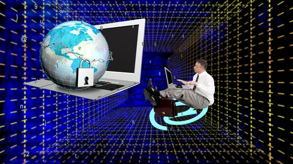 Homme d'affaires sur nuages avec ordinateur portable et planète globe avec chaîne métallique avec serrure — Photo