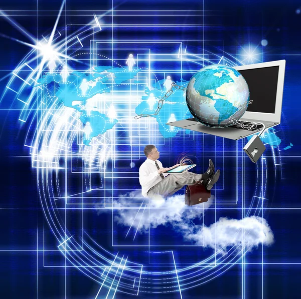 Businessman on clouds with notebook and globe planet with chain metal with lock — Stock Photo, Image