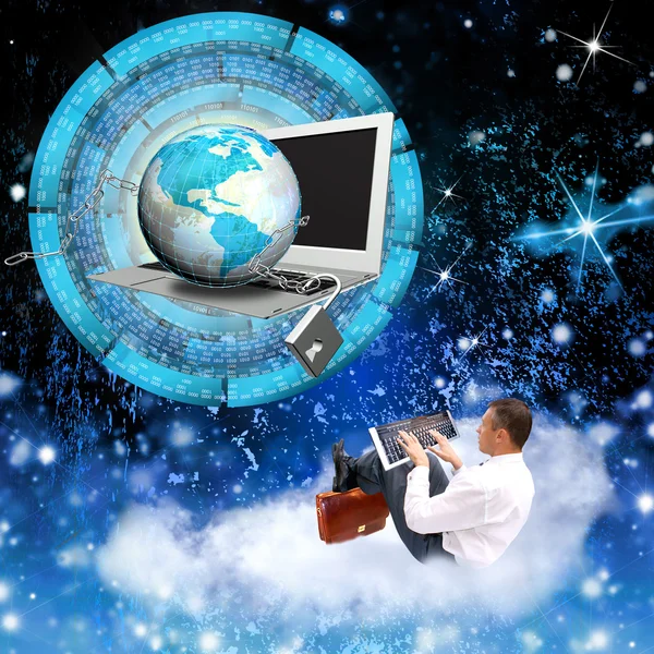 Businessman on clouds with notebook and globe planet with chain metal with lock — Stock Photo, Image