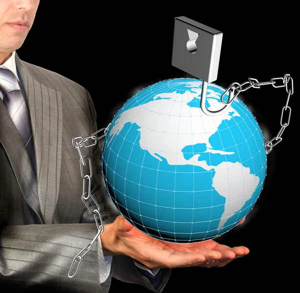 Businessman looking on Globe Earth with metal chain and open lock.Security Internet concept — Stock Photo, Image