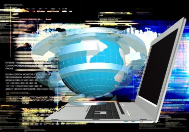 Bilgisayar planer kozmik arka plan üzerinde dizüstü ve küre. Internet