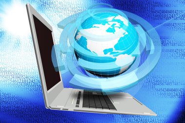 Bilgisayar planer kozmik arka plan üzerinde dizüstü ve küre. Internet