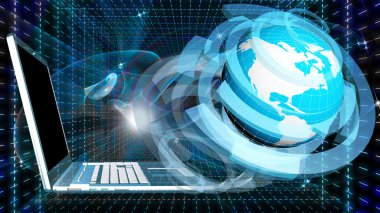 Bilgisayar planer kozmik arka plan üzerinde dizüstü ve küre. Internet
