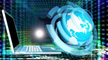 Bilgisayar planer kozmik arka plan üzerinde dizüstü ve küre. Internet