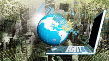 Küre ile arka plan üzerinde modern bilgisayar dizüstü Dünya gezegeni. Bağlantı teknolojileri. Intrenet kavramı