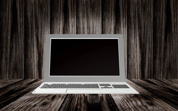 Modern computer laptop over old wooden texture background — Stock Photo, Image