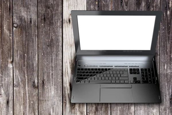 Neue moderne Laptop-Nahaufnahme auf abstraktem Holzgrund — Stockfoto