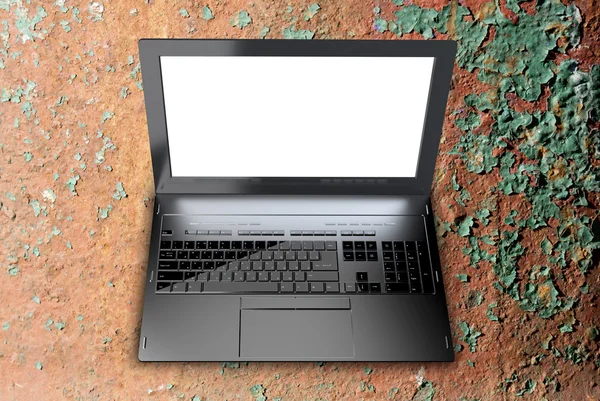 Nya moderna laptop närbild på metall rostig gammal bakgrund — Stockfoto