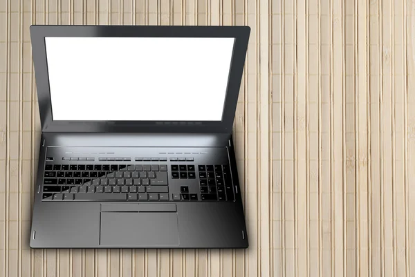 Neue moderne Laptop-Nahaufnahme auf abstraktem hölzernem Hintergrund — Stockfoto