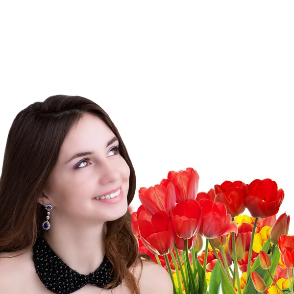 Holiday Light Easter.Beautiful  Girl with tulips — Stock Photo, Image