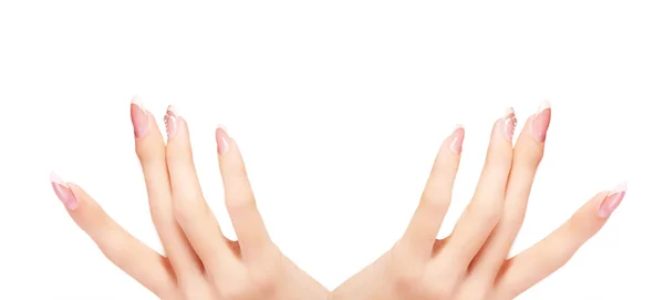 Hellrosa Art Maniküre. Nagel. Schöne Hände. modisch stilvolle T — Stockfoto