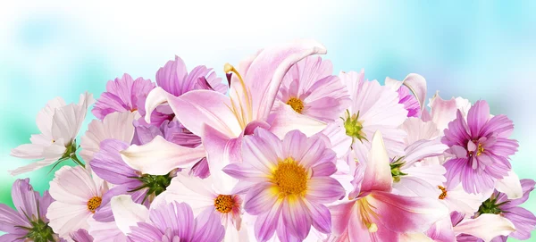 Vacker bukett rosa blommor. Lily., orkidéer, rosa kamomill — Stockfoto