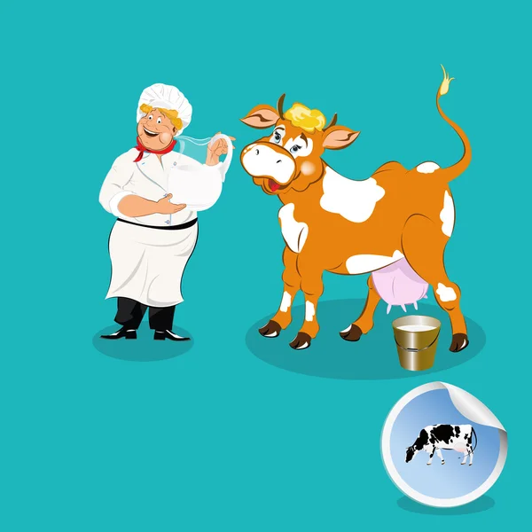Vaca, leiteiro sorridente, produto lácteo adesivo, ícone do vetor . — Vetor de Stock