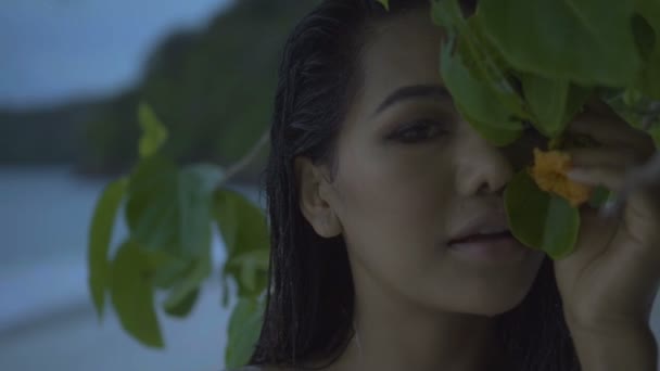 Close-up de mulher bonita asiática em biquíni de crochê na praia. Vídeo de menina sexy na praia cheirando a flor da árvore em câmera lenta . — Vídeo de Stock