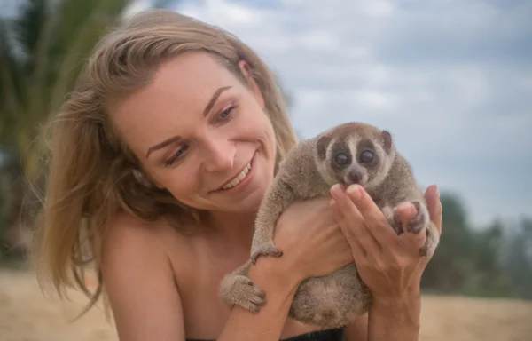 Slow loris in de handen van vrouwen geïsoleerd op het strand. — Stockfoto