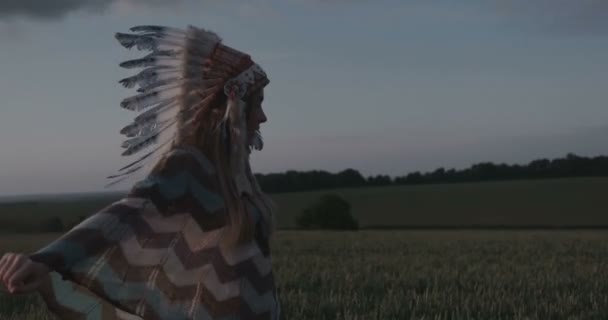 Native American Indian looking beautiful woman walking on the field in the morning. — Stock Video