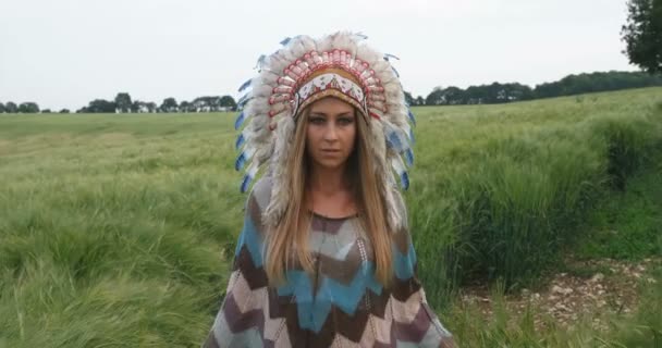 Native American Indian looking beautiful woman walking on the field in the morning back view in slow motion. — Stock Video