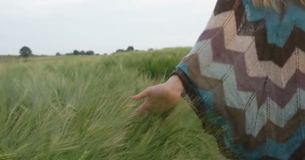 Close-up van de hand van Native American Indian, op zoek naar mooie vrouw lopen op het veld in de ochtend in slow motion. — Stockvideo
