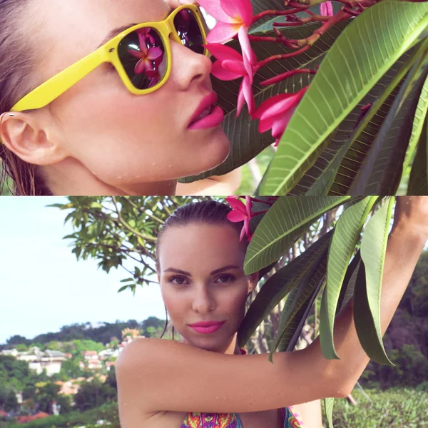 Closeup of sexy young woman wearing bikini with wet hair smelling tree flower at rooftop on a sunny day — Stock Photo, Image