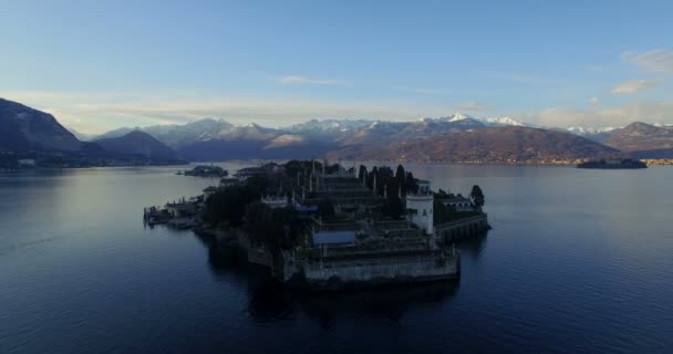 Aerial: Isola Bella on Lago Maggiore lake with mountains landscape, Italy — Stock Video