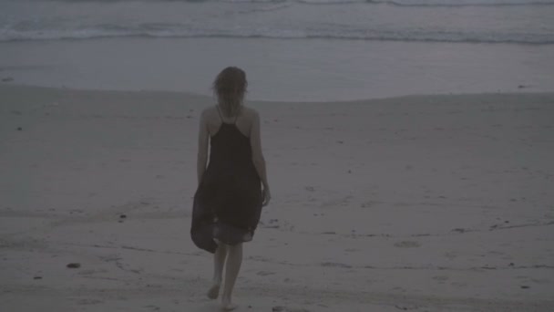 Visão traseira da bela mulher loira glamour vestindo vestido preto andando em uma praia no final da tarde de verão com o cabelo molhado sobre o fundo do mar e do céu - vídeo em câmera lenta — Vídeo de Stock