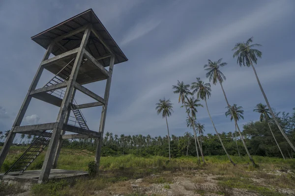 Vista dal basso della torre di osservazione con palme sopra il cielo blu con nuvole — Foto Stock