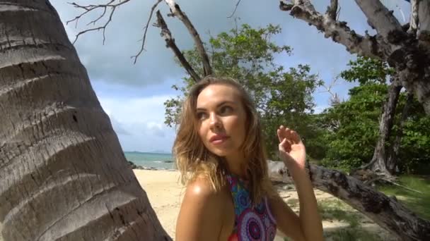 Молодая женщина позирует на пляже в летний день — стоковое видео