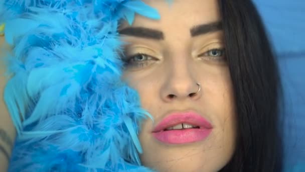 Nahaufnahme der schönen brünetten Frau, die lächelt und mit blauer Federboa über blauem Wandhintergrund in die Kamera blickt — Stockvideo