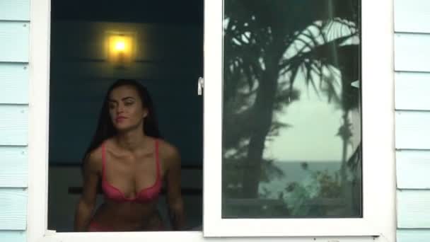 Junge schöne lächelnde Frau schaut aus dem Fenster und genießt das Morgensonnenlicht — Stockvideo