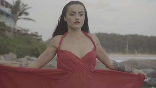 Bela mulher sedutora em vestido vermelho se divertindo em rochas junto ao mar — Vídeo de Stock