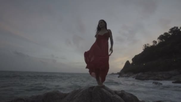 Bela mulher sedutora em vestido vermelho se divertindo em rochas junto ao mar — Vídeo de Stock