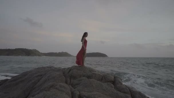 Gyönyörű csábító nő piros ruhában élvezi magát sziklákon a tenger mellett. — Stock videók